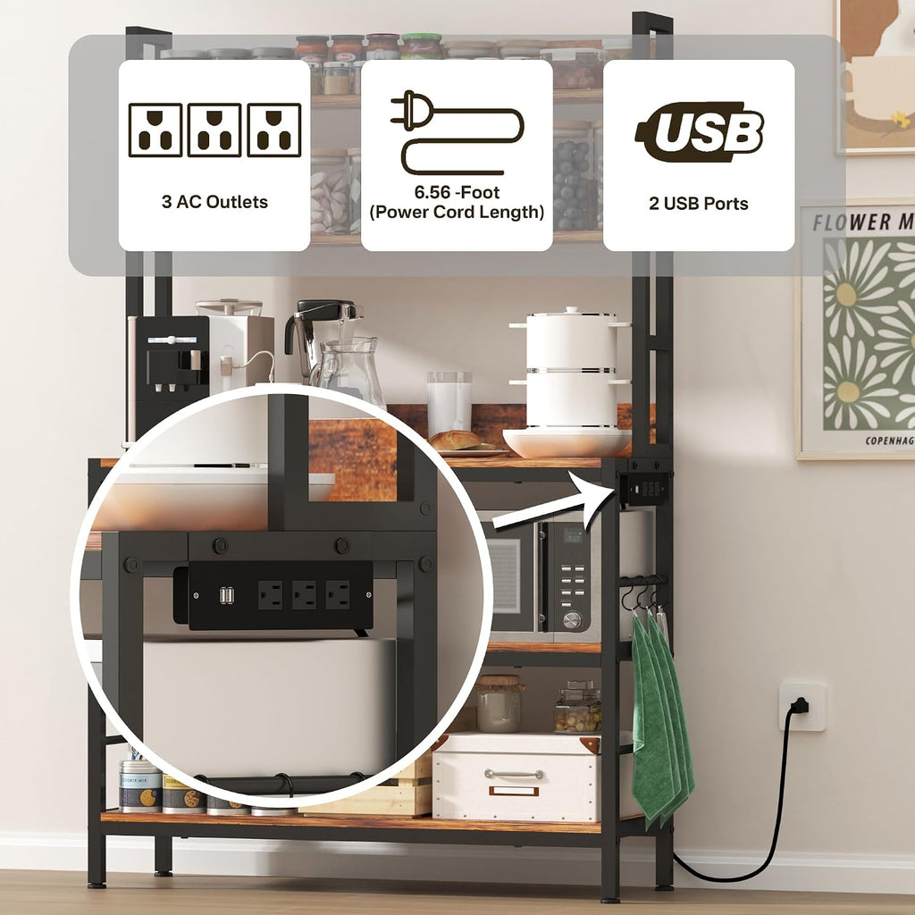 Baker Rack with Power Outlet,5-Tier Free Standing Storage Shelf Rack with Hooks,Microwave Stand with Storage, Metal Kitchen Shelf Rack for Spices,Coffee Bar Station