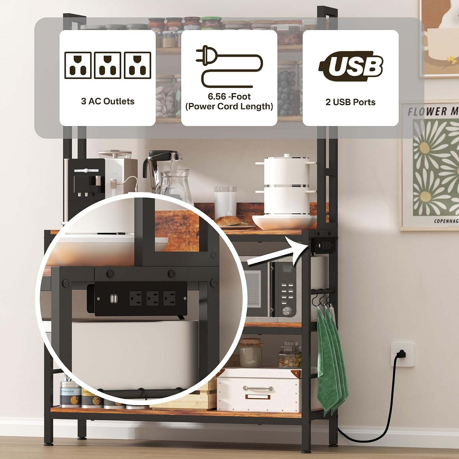 Baker Rack with Power Outlet,5-Tier Free Standing Storage Shelf Rack with Hooks,Microwave Stand with Storage, Metal Kitchen Shelf Rack for Spices,Coffee Bar Station