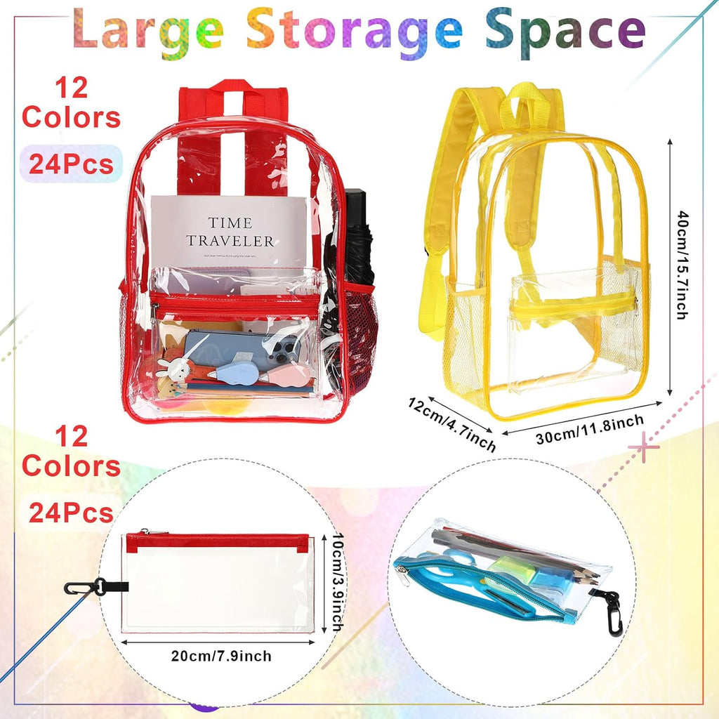 Cholemy 24 Set Clear Backpack with Pencil Case Bulk Heavy Duty PVC Transparent School Bag for Students Women Men Travel(Multicolor)