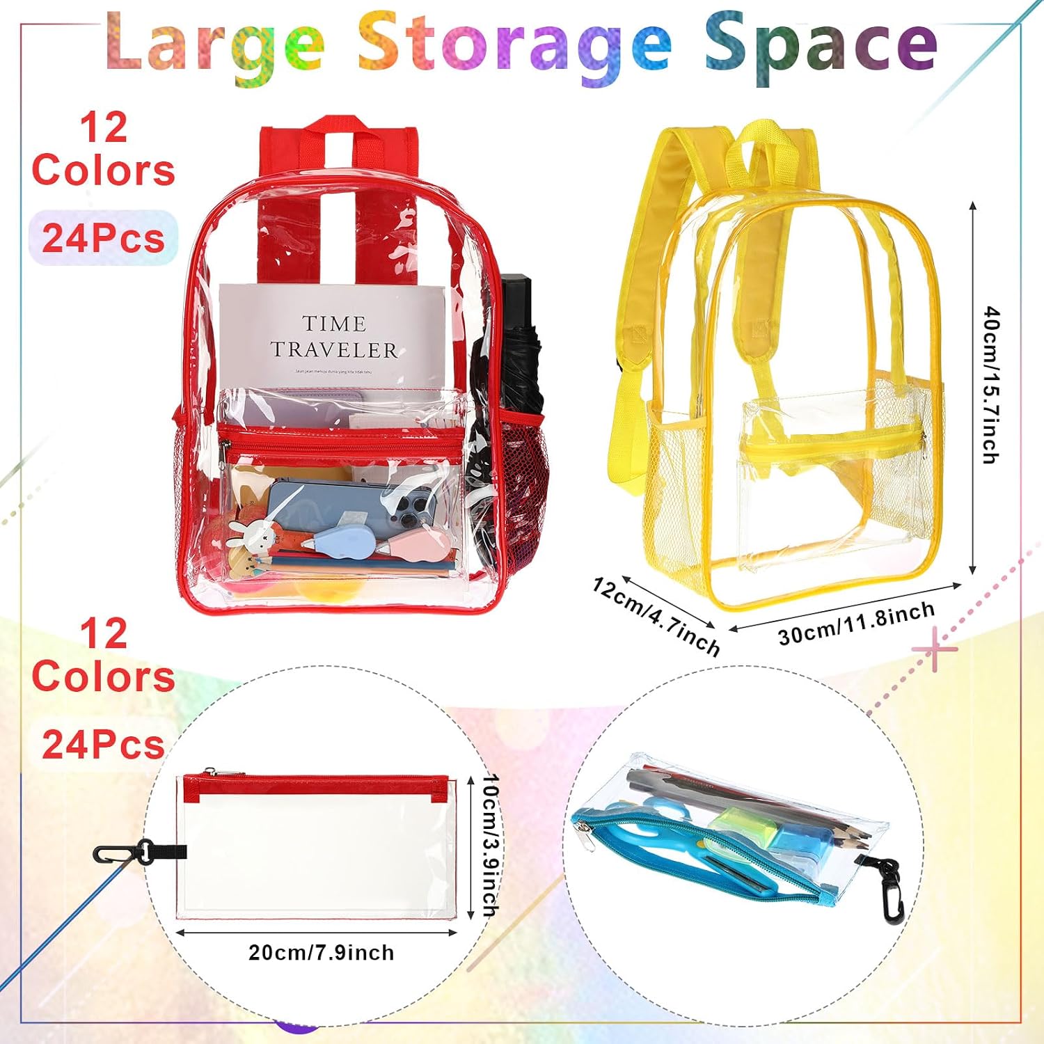 Cholemy 24 Set Clear Backpack with Pencil Case Bulk Heavy Duty PVC Transparent School Bag for Students Women Men Travel(Multicolor)