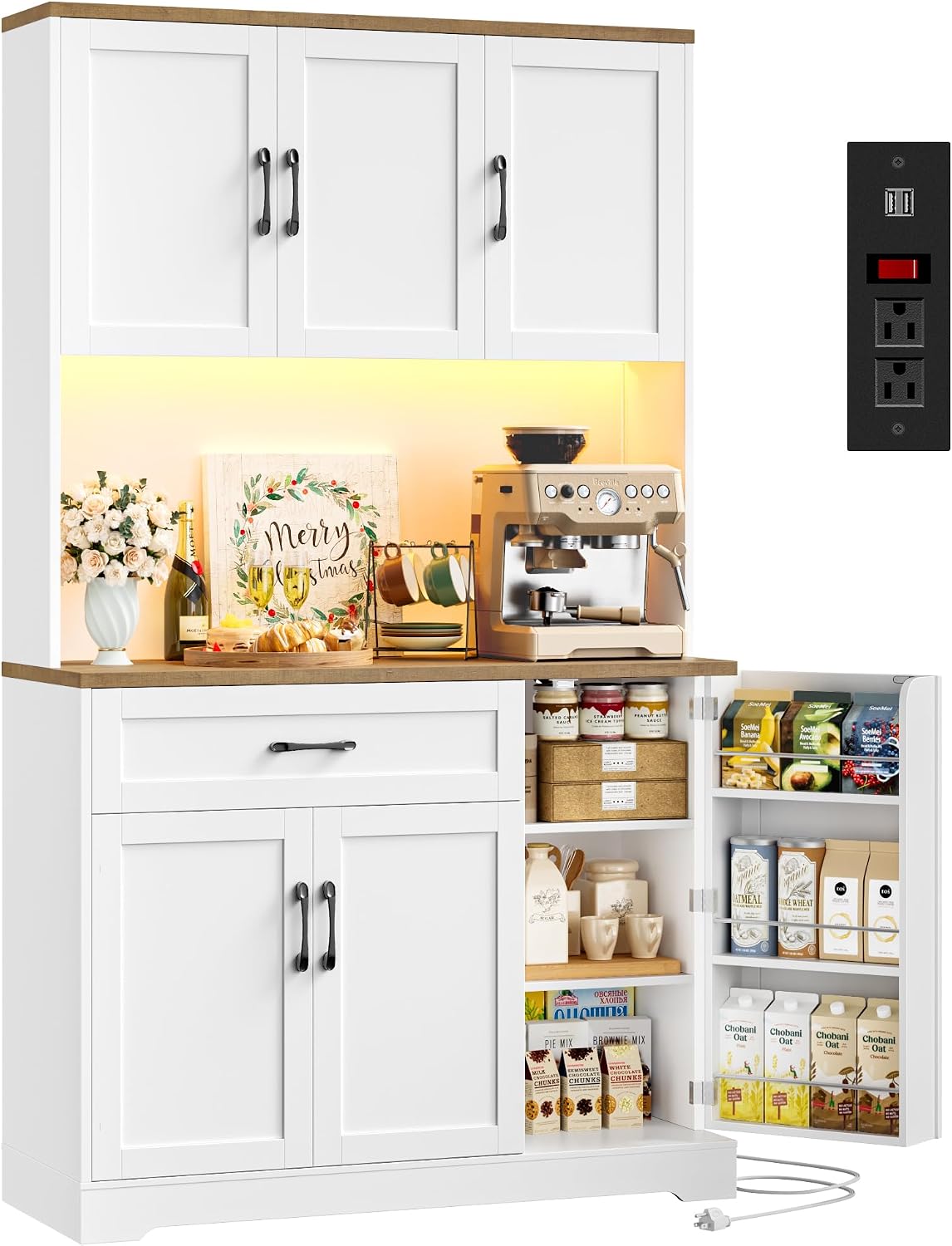 HIFIT 71' LED Pantry Cabinet with Power Outlet, Tall Kitchen Hutch Storage Cabinet with Microwave Stand & 6 Door Shelves, Modern Food Pantry Cabinets with Drawer for Kitchen Dining Living Room, White
