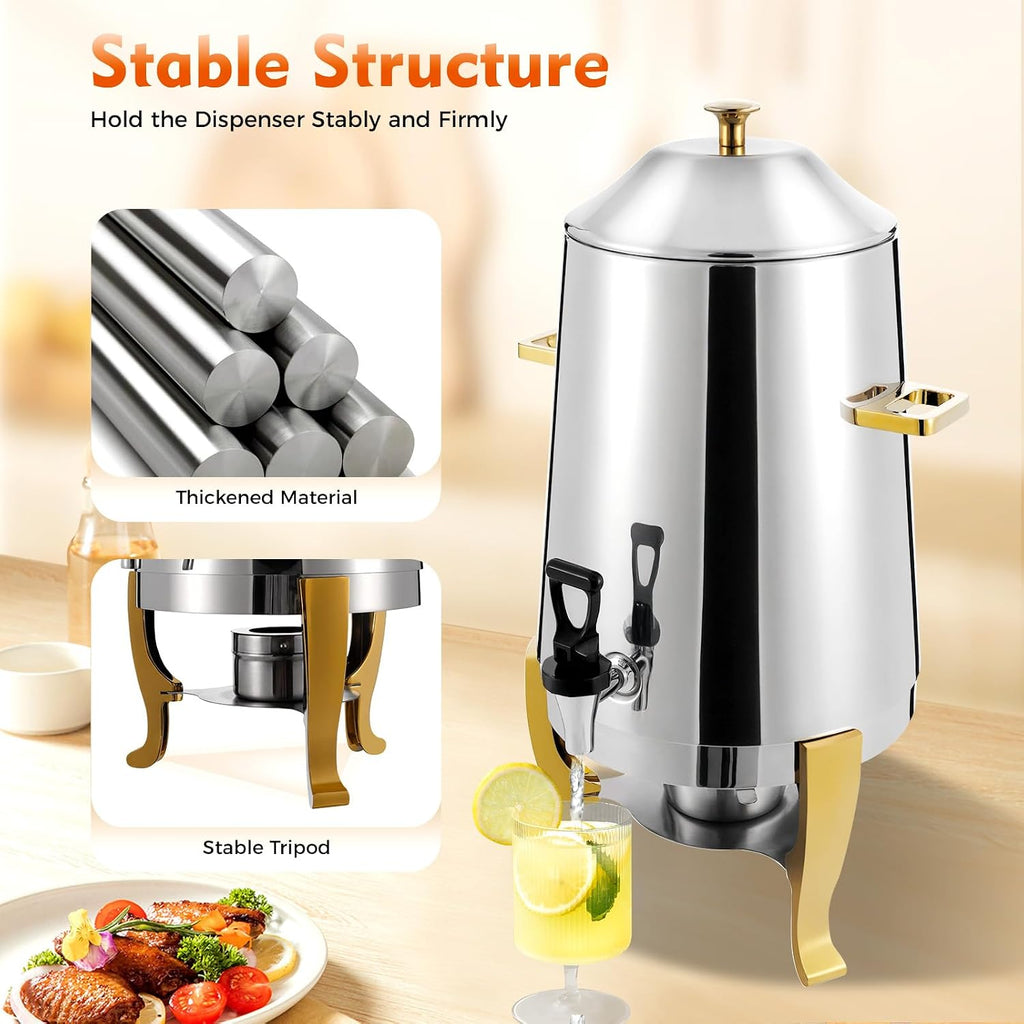 13L/3.5 Gallon Hot Beverage Dispenser, Electric Stainless Steel Coffee Chafer Urn, Fuel Tray Holder, Drink Dispenser with Gold Accent and Ice Container for Hot & Cold Drinks, Party Event Buffet