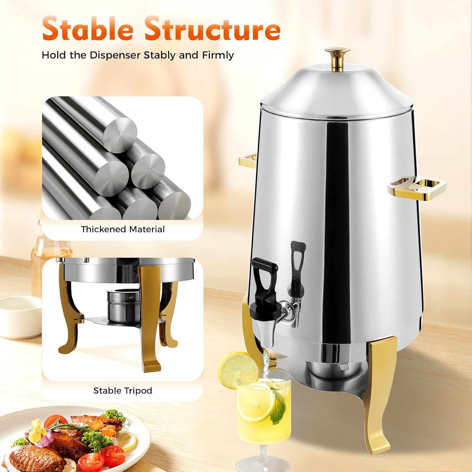 13L/3.5 Gallon Hot Beverage Dispenser, Electric Stainless Steel Coffee Chafer Urn, Fuel Tray Holder, Drink Dispenser with Gold Accent and Ice Container for Hot & Cold Drinks, Party Event Buffet