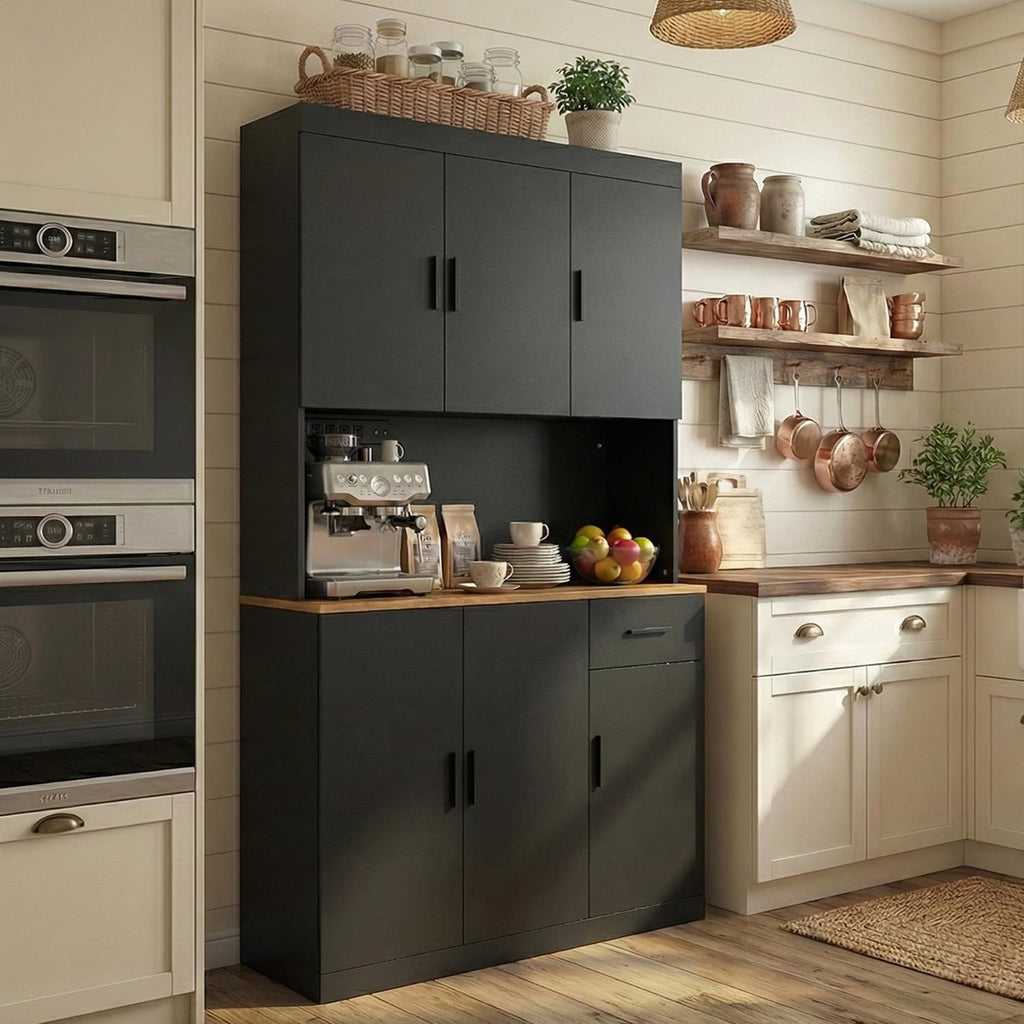 DIYART 71 Inch Black Pantry Cabinet with Power Outlet, Heavy-Duty Freestanding Kitchen Storage Organizer with Reinforced Frame, Pantry Hutch for Kitchen, Dining Room, Living Room