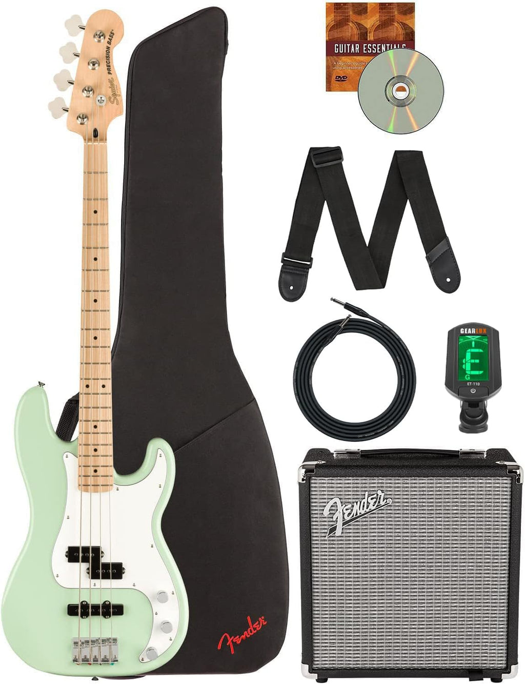 Fender Squier Affinity Precision Bass PJ - Surf Green Bundle with Rumble 15 Amplifier, Instrument Cable, Gig Bag, Tuner, Strap, and Austin Bazaar Instructional DVD