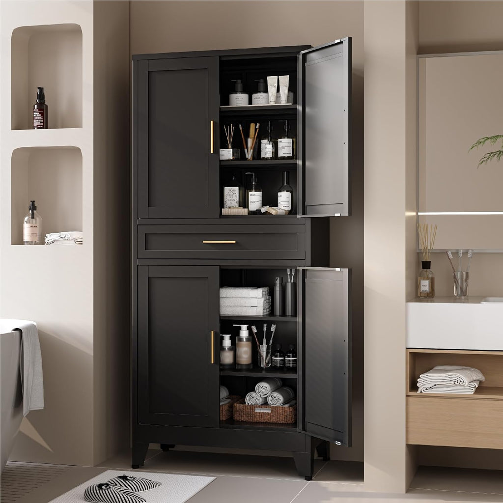 Metal Storage Cabinet, 71' Tall Kitchen Pantry Cabinets, Steel File Cabinet with 4 Doors & Adjustable Shelves and Drawer for Kitchen, Dining Room, Living Room, Bathroom