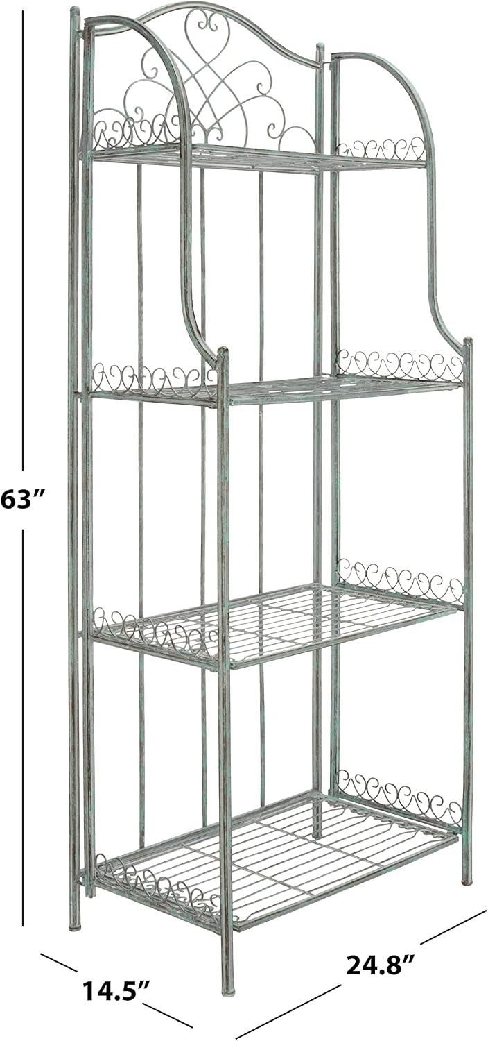 SAFAVIEH Outdoor - Amaris 4-Tier Bakers Rack - Antique Dark Green Iron Metal - Vintage Victorian Scrollwork - Ideal for Patio, Deck, Porch, Sunroom, 14.5' W x 25' D x 63' H (PAT5014D)