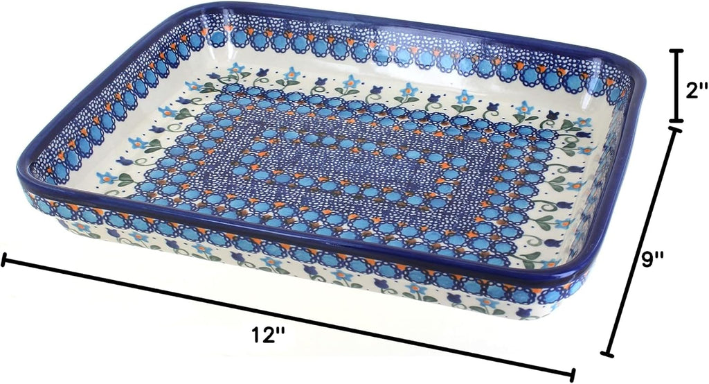 Blue Rose Polish Pottery - Blue Savannah Medium Rectangular Baker - 12' x 9.25' - Unique, Dishwasher Safe, & Durable Bakeware