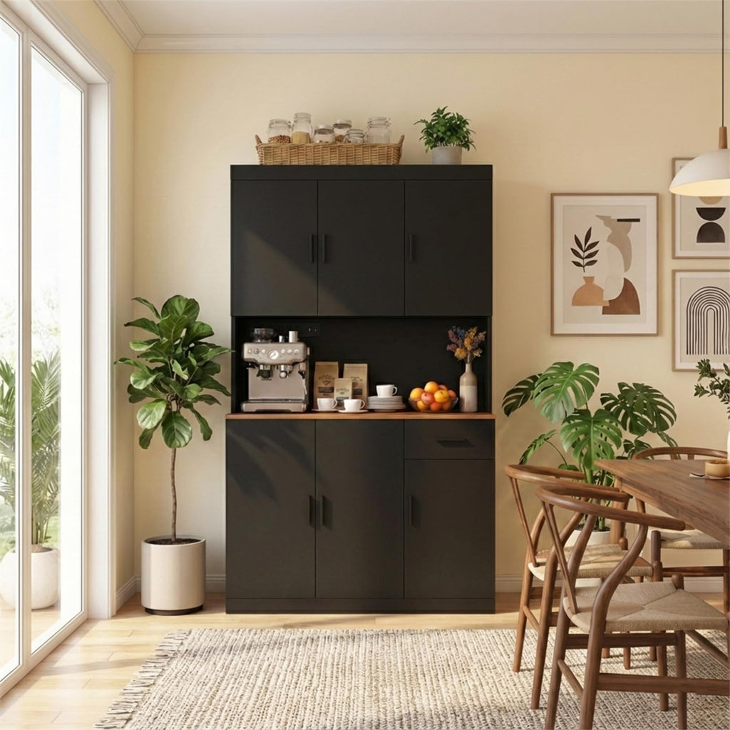 DIYART 71 Inch Black Pantry Cabinet with Power Outlet, Heavy-Duty Freestanding Kitchen Storage Organizer with Reinforced Frame, Pantry Hutch for Kitchen, Dining Room, Living Room