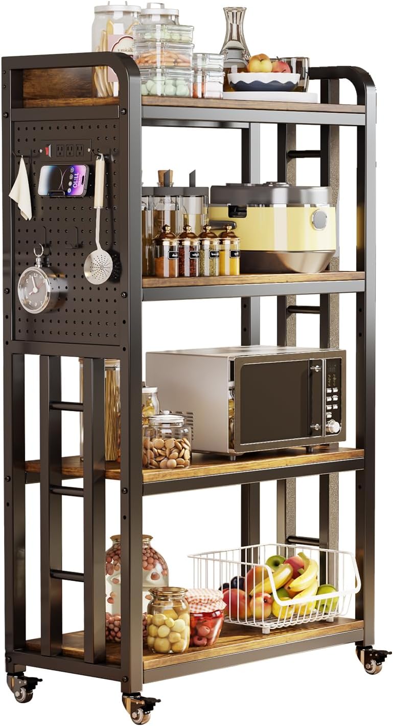 Kitchen Bakers Rack with Power Outlet,With pegboard Bakers Racks,Microwave Oven Stand with Storage 4 Tiers,bakers rack with storage,microwave cart,for Kitchen,Coffee Bar(Vintage Brown,15.75x25.2x55)
