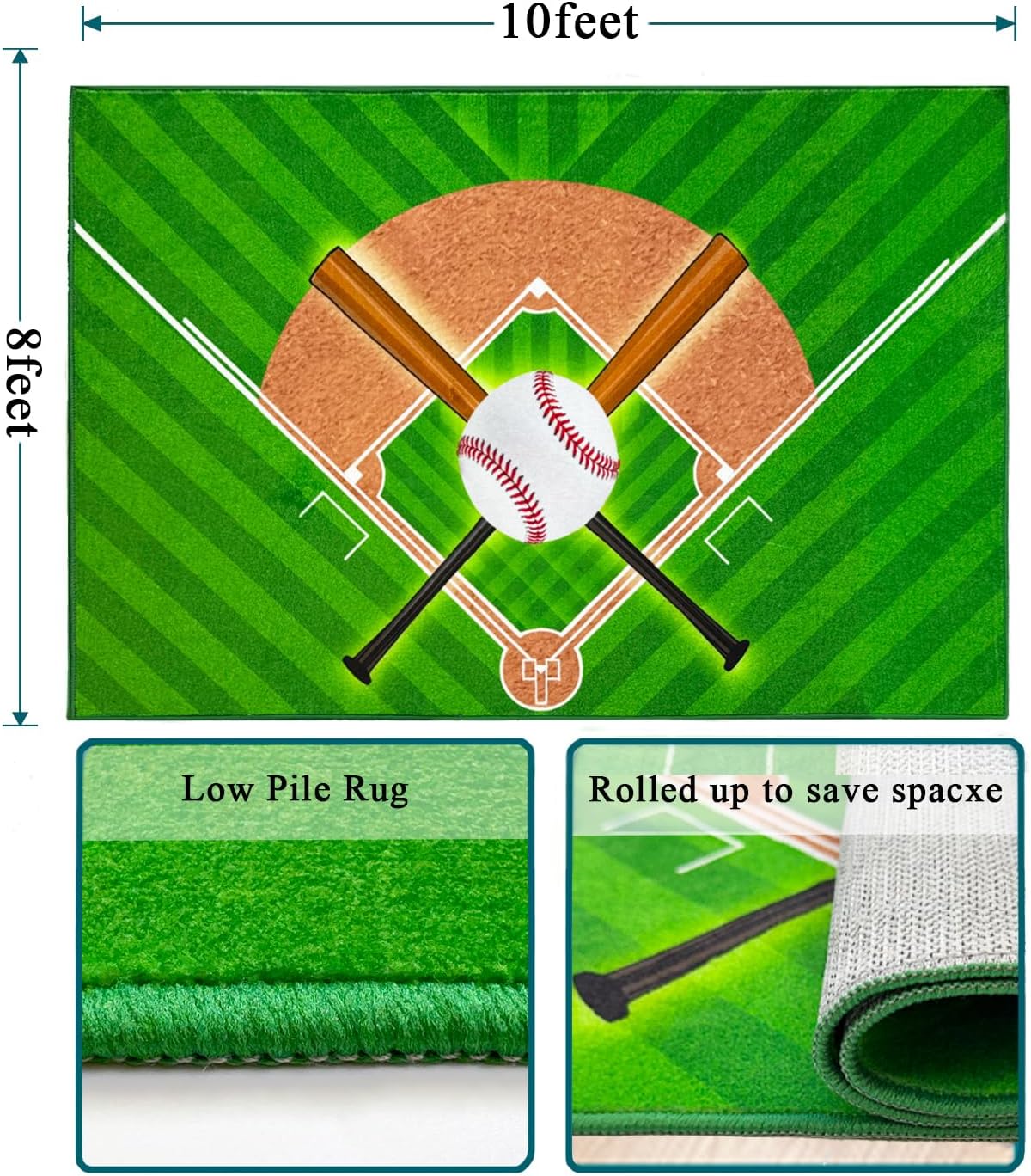 Washable Low Pile Baseball Rug 8x10- Sports Decor for Boys Room, Non-Slip Kids Bedroom Carpet, Durable Baseball Themed Floor Mat