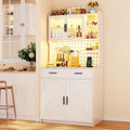 LED Kitchen Pantry Cabinet with Outlets, Farmhouse Storage Cabinet with Drawers & Adjustable Shelves, 64' Cupboard with Pegboard and Hooks for Dining Room (White)