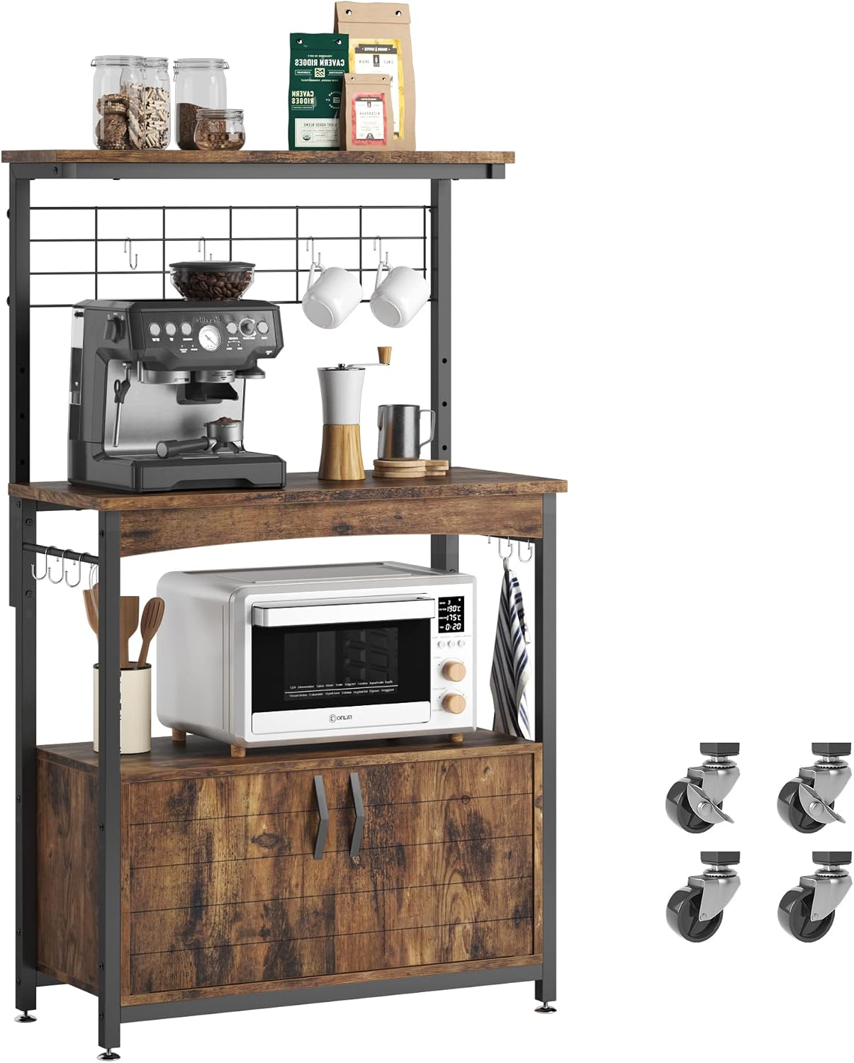 Bestier Bakers Racks with Storage Cabinet, Height-Adjustable 45' to 55' Microwave Stand for Kitchen with Wheels & Feet, Industrial Rolling Coffee Bar Shelf with 10 S-Hooks Rustic Brown