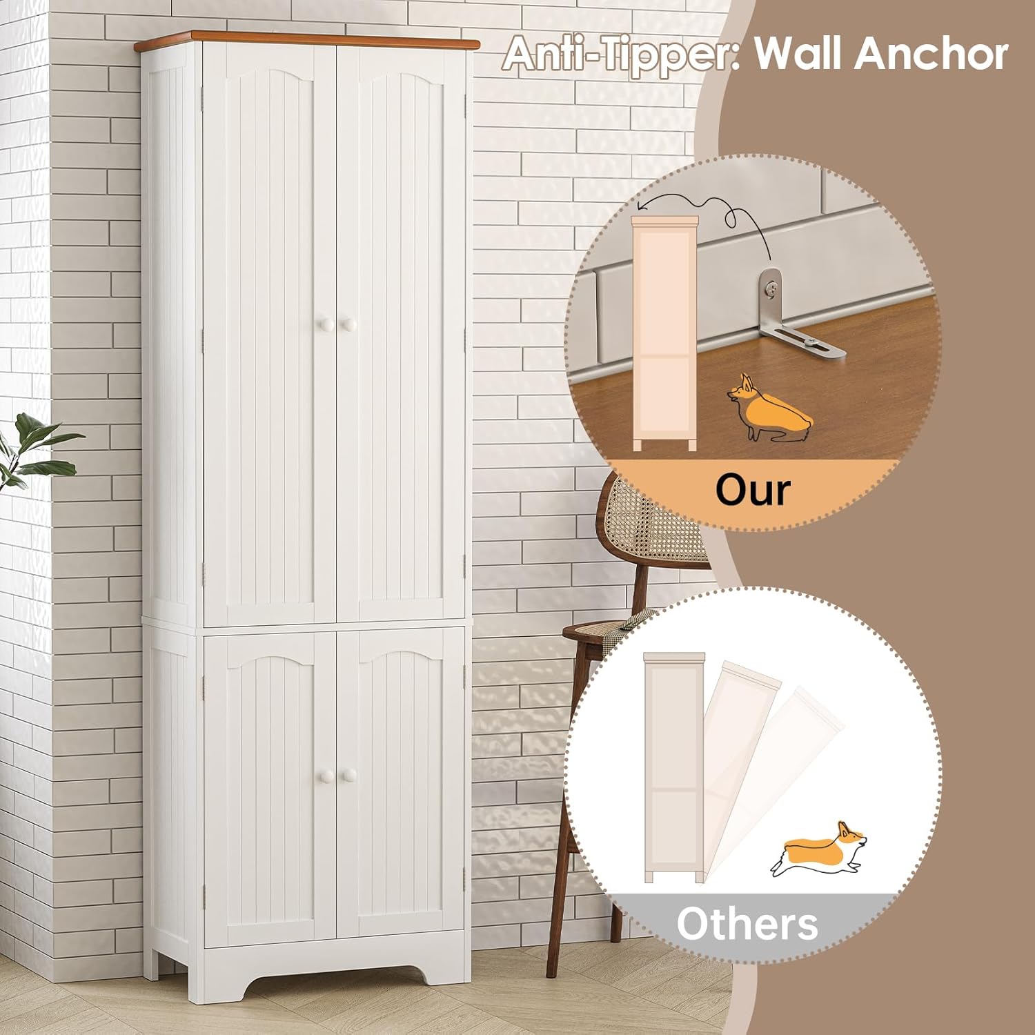 Wood Storage Cabinet- 72.2'' Pantry Cabinets for Kitchen Storage, 4 Door Freestanding Cupboard, Tall Narrow Storage Cabinets for Bathroom, Dining Room, Living Room, Laundry, Garage, Entryway,White
