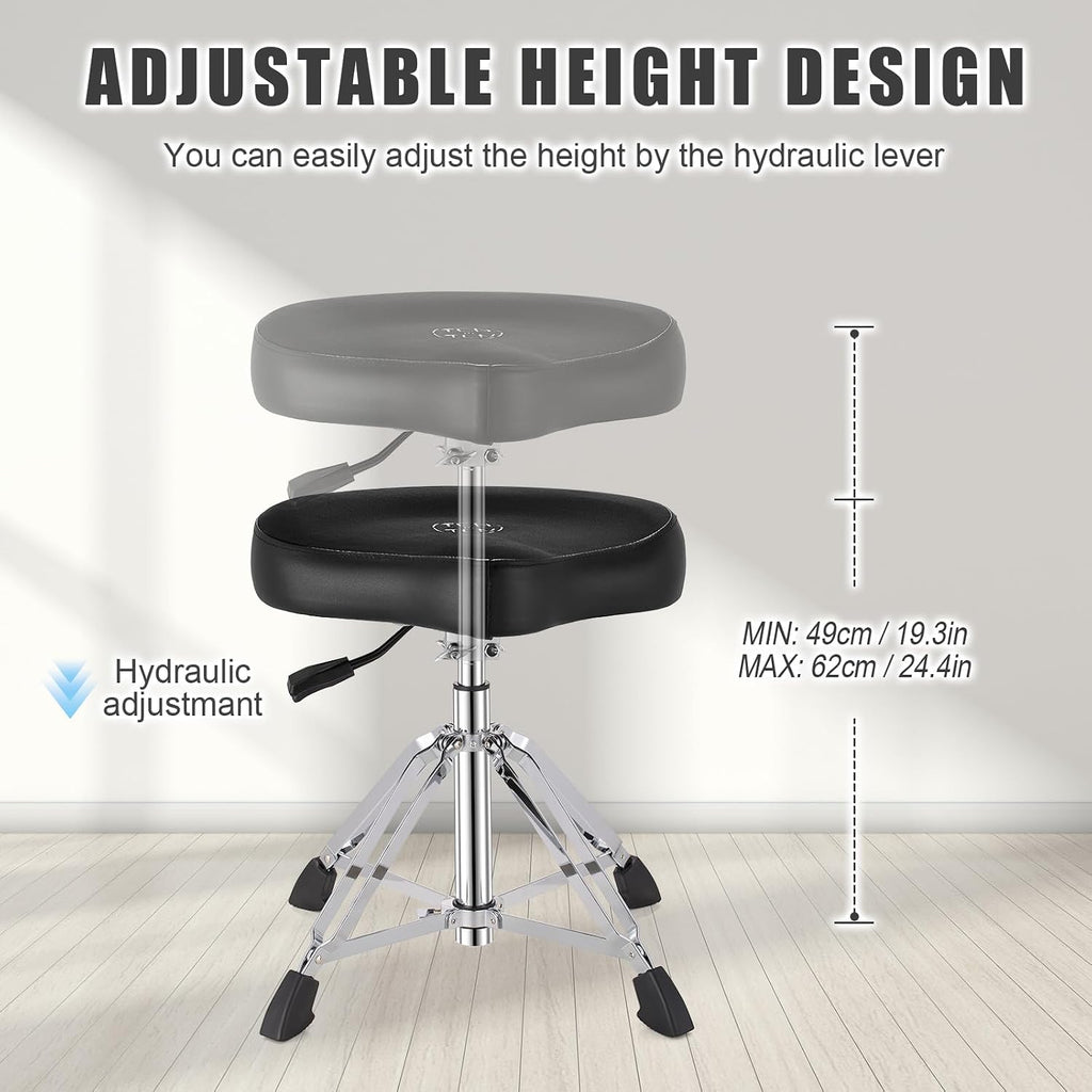 TENTOTEN Drum Throne Hydraulic Drum Stool, Removable Ergonomic Drum Seat with Memory Foam Velvet Surface and Foldable Base, 19in-24in Height Drummer Stool for Adults & Kids, TOT 750