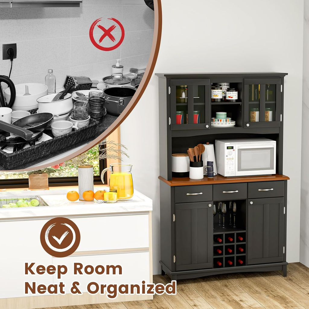 COSTWAY Kitchen Hutch Storage Cabinet, Freestanding Pantry Buffet Sideboard, Modern Buffet Cupboard w/Wine Rack, Adjustable Shelves, Tempered Glass Cabinets, Drawers, Microwave Stand (Black)