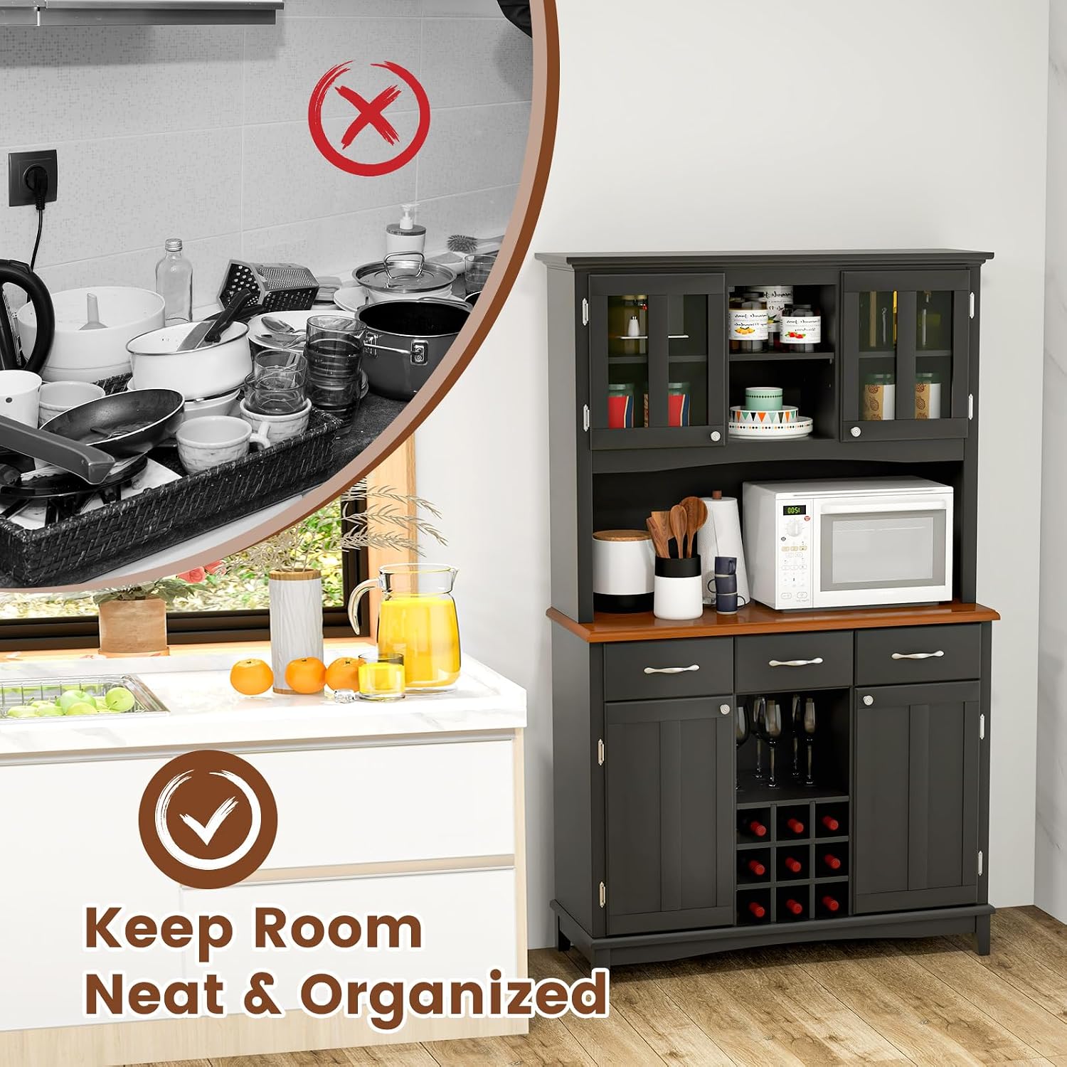 COSTWAY Kitchen Hutch Storage Cabinet, Freestanding Pantry Buffet Sideboard, Modern Buffet Cupboard w/Wine Rack, Adjustable Shelves, Tempered Glass Cabinets, Drawers, Microwave Stand (Black)