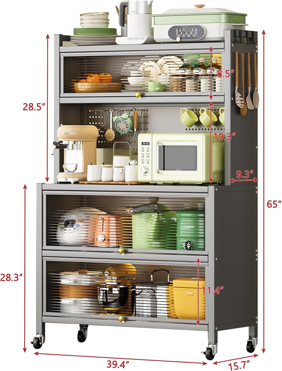 Kitchen Pantry Storage Cabinet, 5 Tier 65' H Metal Sideboard with Wheels and Acrylic Glass Door, Modern Kitchen Storage Rack for Home, Office,Pantry
