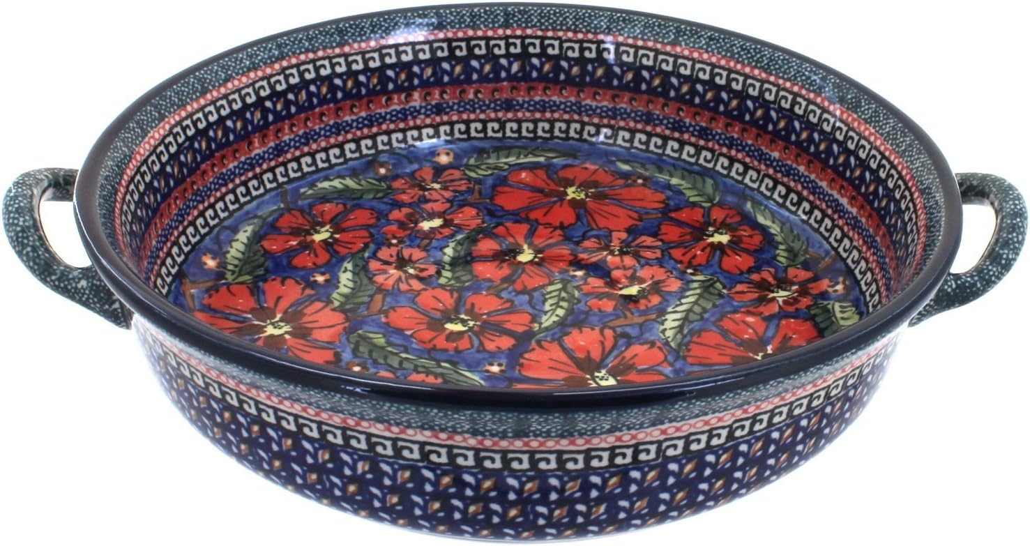 Blue Rose Polish Pottery - Red Jungle Flower Round Casserole with Handles - 10.25' Diameter - Unique, Dishwasher Safe, & Durable Bakeware