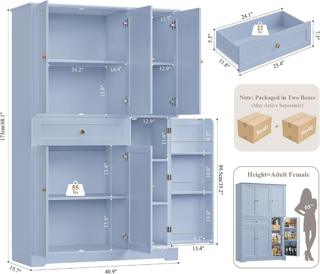 HOSTACK 68' Tall Kitchen Pantry Storage Cabinet, Modern Kitchen Hutch Cabinet with Doors and Shelves, Freestanding Food Pantry with Large Storage Drawer for Dining Room, Living Room, Light Blue