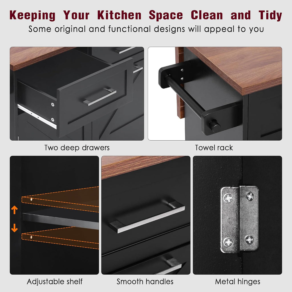 47.2' Farmhouse Kitchen Island with Drop Leaf and Removable Side Racks, Two Drawers, Rolling Kitchen Cart on Wheels with Towel Rack, for Home, Dining Room (Black/V1)