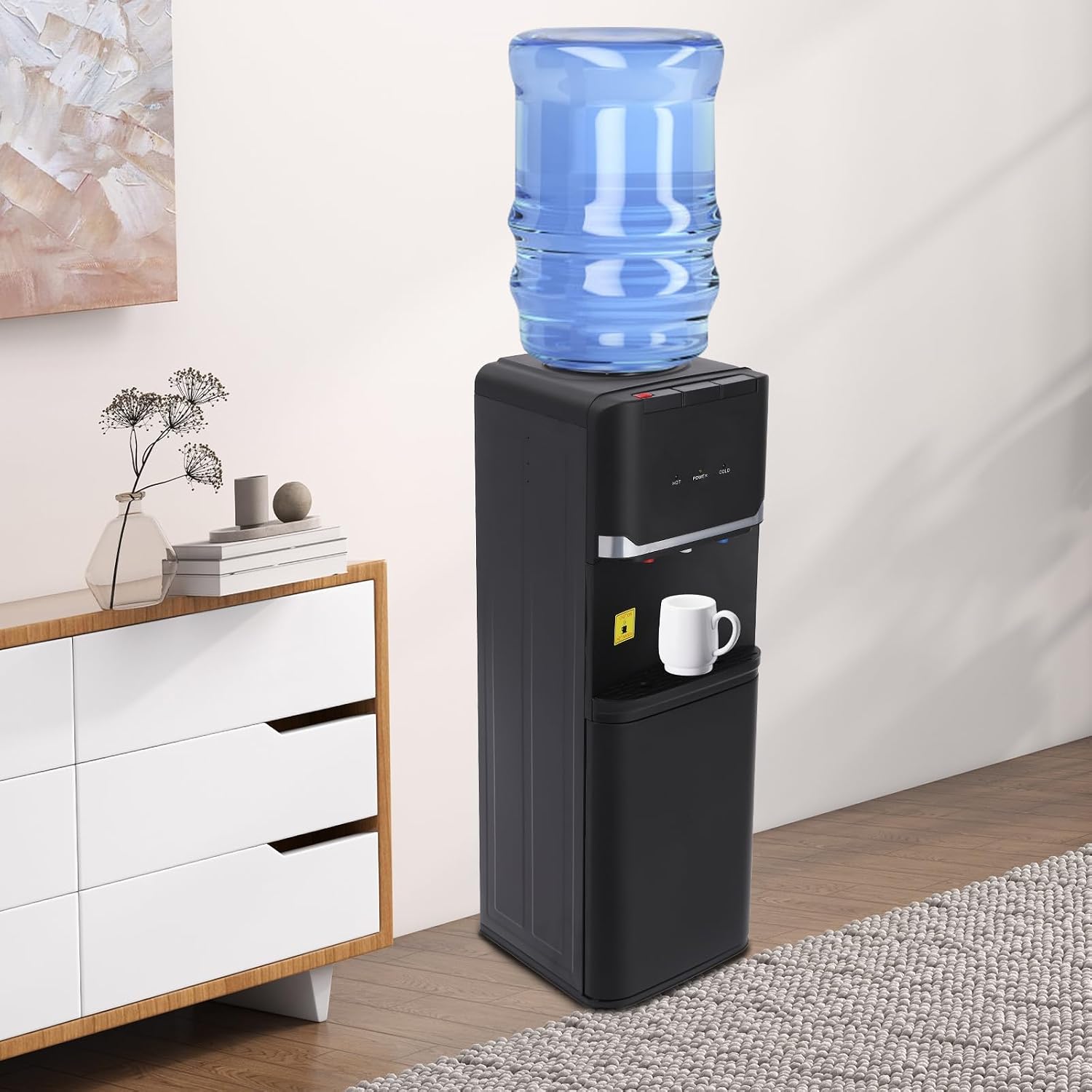 Top Loading Water Cooler Dispenser Freestanding, 5 Gallons Water Coolers with Hot & Cold & Warm Water, Child Lock, Removable Drip Tray & Storage Cabinet, Slim Design, for Home, Office, Commercial
