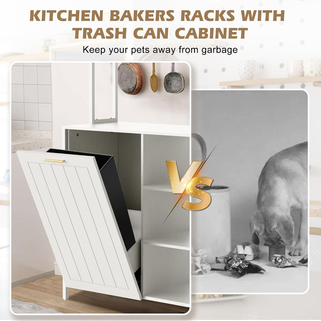 Kitchen Bakers Rack with Power Outlets, 63'H Microwave Oven Organizer with Tilt Out Trash Can Cabinet Storage Shelf 6 Tiers Coffee Bar Stand, Freestanding Pantry Hutch Rack with 6 Hooks (white)