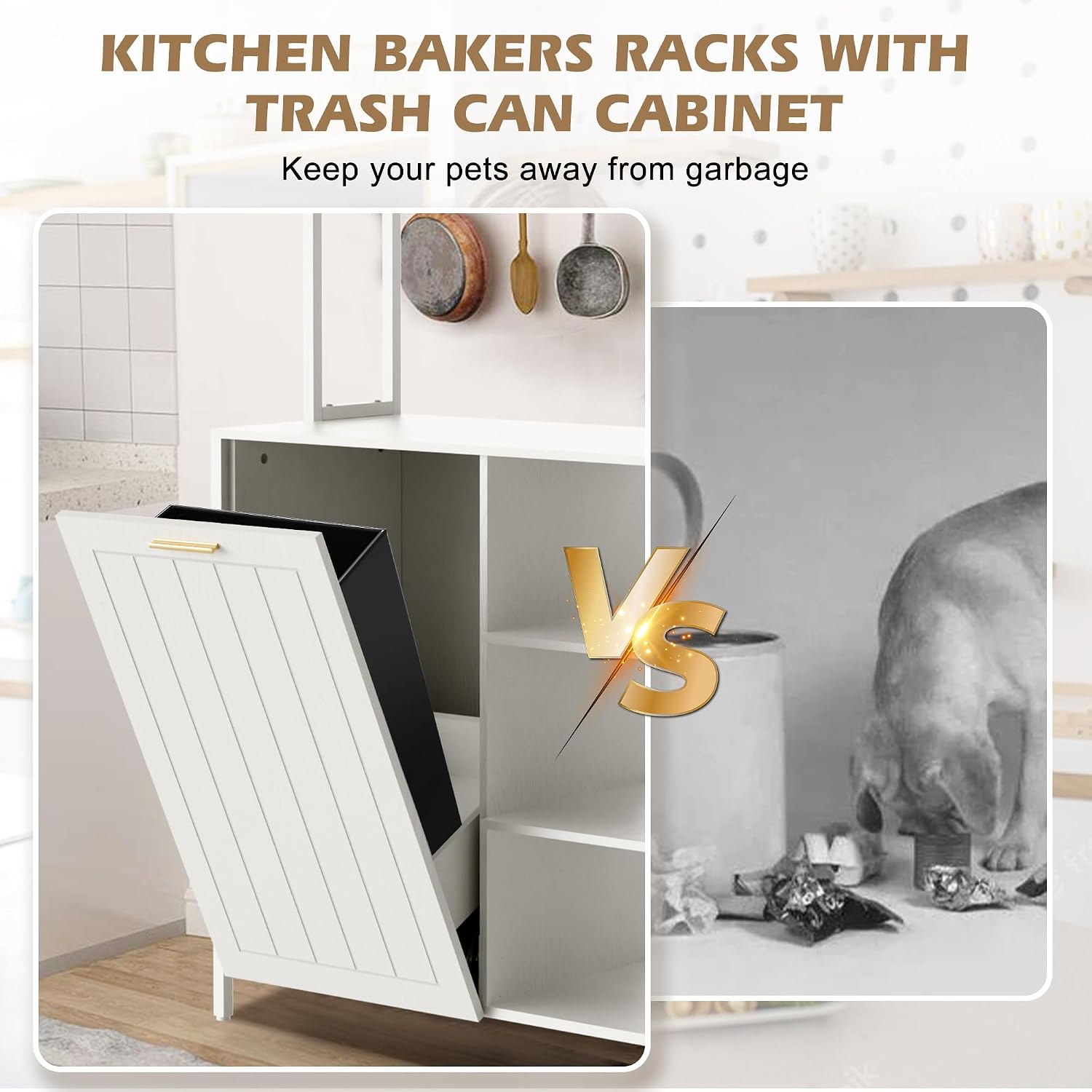 Kitchen Bakers Rack with Power Outlets, 63'H Microwave Oven Organizer with Tilt Out Trash Can Cabinet Storage Shelf 6 Tiers Coffee Bar Stand, Freestanding Pantry Hutch Rack with 6 Hooks (white)