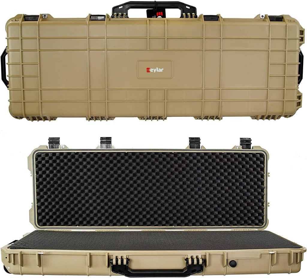 Eylar 48' Inch Protective Roller Rifle Hard Case with Foam, Waterproof & Crushproof, Two Rifles Or Multiple Guns, Pressure Valve with Lockable Fittings Tan FDE