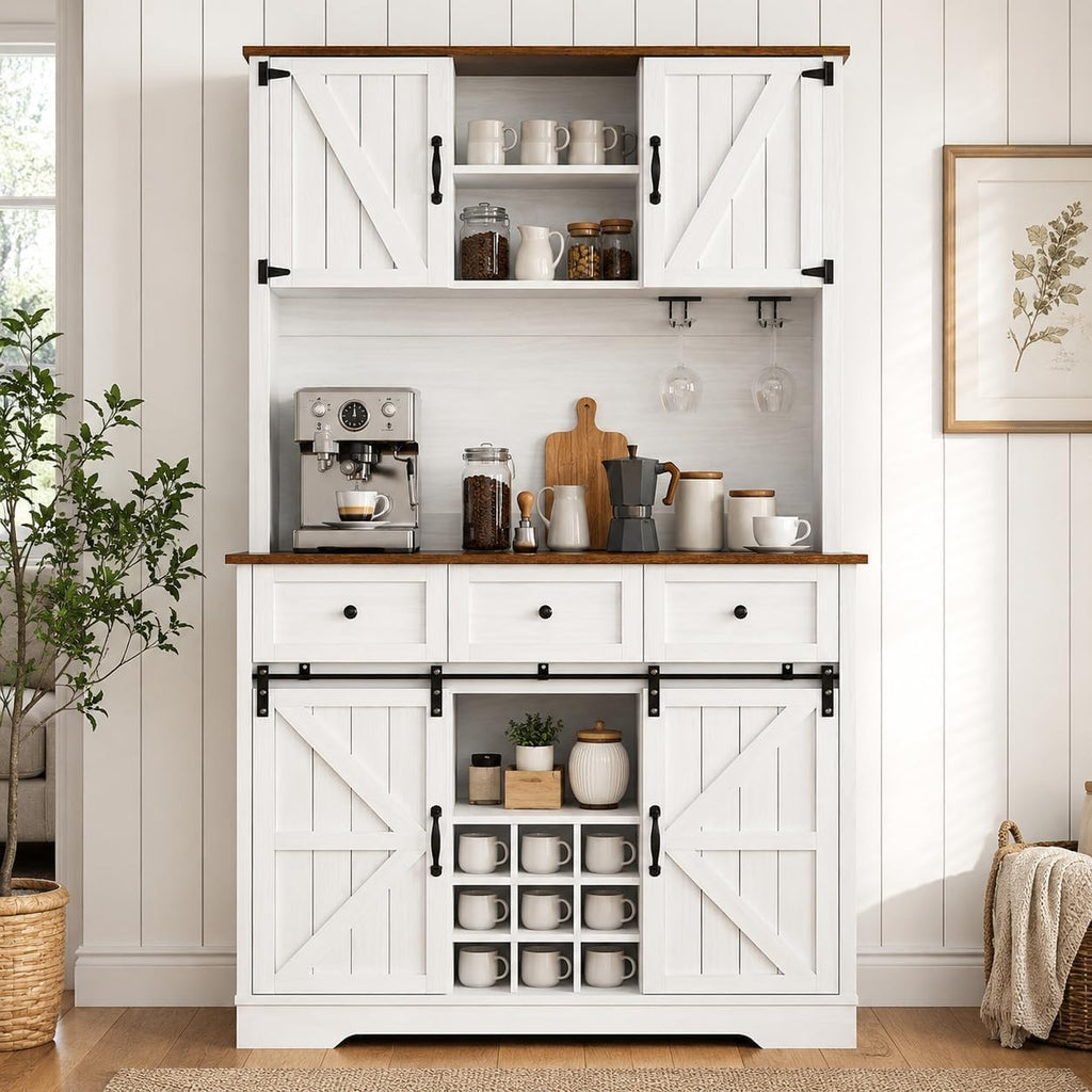 Farmhouse Coffee Bar Cabinet with Wine Rack, 72' Tall Kitchen Storage Cabinet with 3 Drawers, 9-Bottle Wine Holder, 6 Hooks, Sliding Barn Doors and Adjustable Shelves, for Dining Room, White