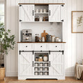Farmhouse Coffee Bar Cabinet with Wine Rack, 72' Tall Kitchen Storage Cabinet with 3 Drawers, 9-Bottle Wine Holder, 6 Hooks, Sliding Barn Doors and Adjustable Shelves, for Dining Room, White