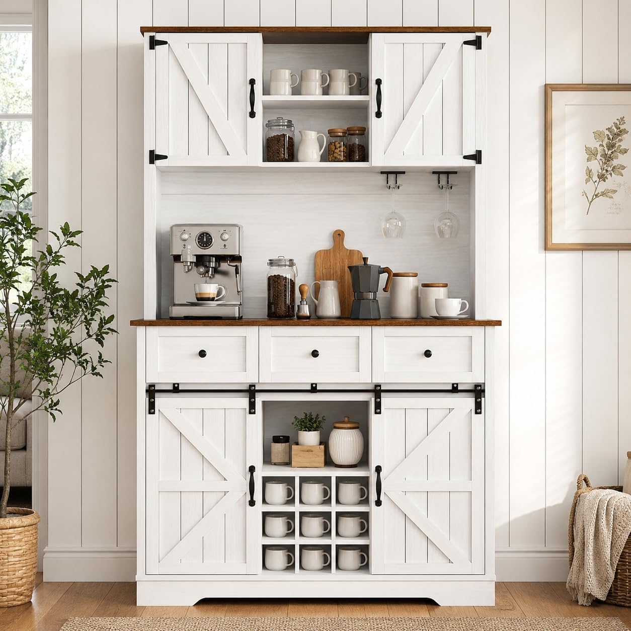Farmhouse Coffee Bar Cabinet with Wine Rack, 72' Tall Kitchen Storage Cabinet with 3 Drawers, 9-Bottle Wine Holder, 6 Hooks, Sliding Barn Doors and Adjustable Shelves, for Dining Room, White