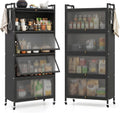 Giantex 5-Tier Kitchen Storage Cabinet, Freestanding Metal Baker's Rack w/4 Flip-up PC Doors, 4 Hooks, Adjustable Feet & Rolling Wheels, Mobile Microwave Stand for Dining Room, Living Room (Black)