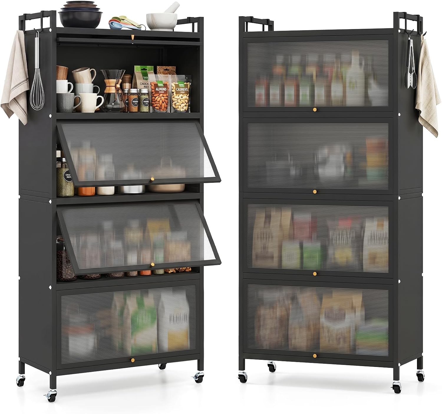 Giantex 5-Tier Kitchen Storage Cabinet, Freestanding Metal Baker's Rack w/4 Flip-up PC Doors, 4 Hooks, Adjustable Feet & Rolling Wheels, Mobile Microwave Stand for Dining Room, Living Room (Black)