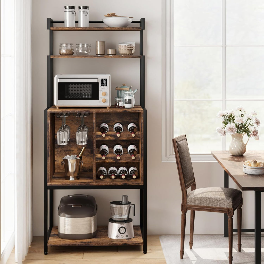 Bakers Rack with Power Outlets, 5-Tier Microwave Oven Stand with Drawer and Sliding Shelves, Freestanding Coffee Bar, Kitchen Storage Shelf with 2 Drawer,Brown