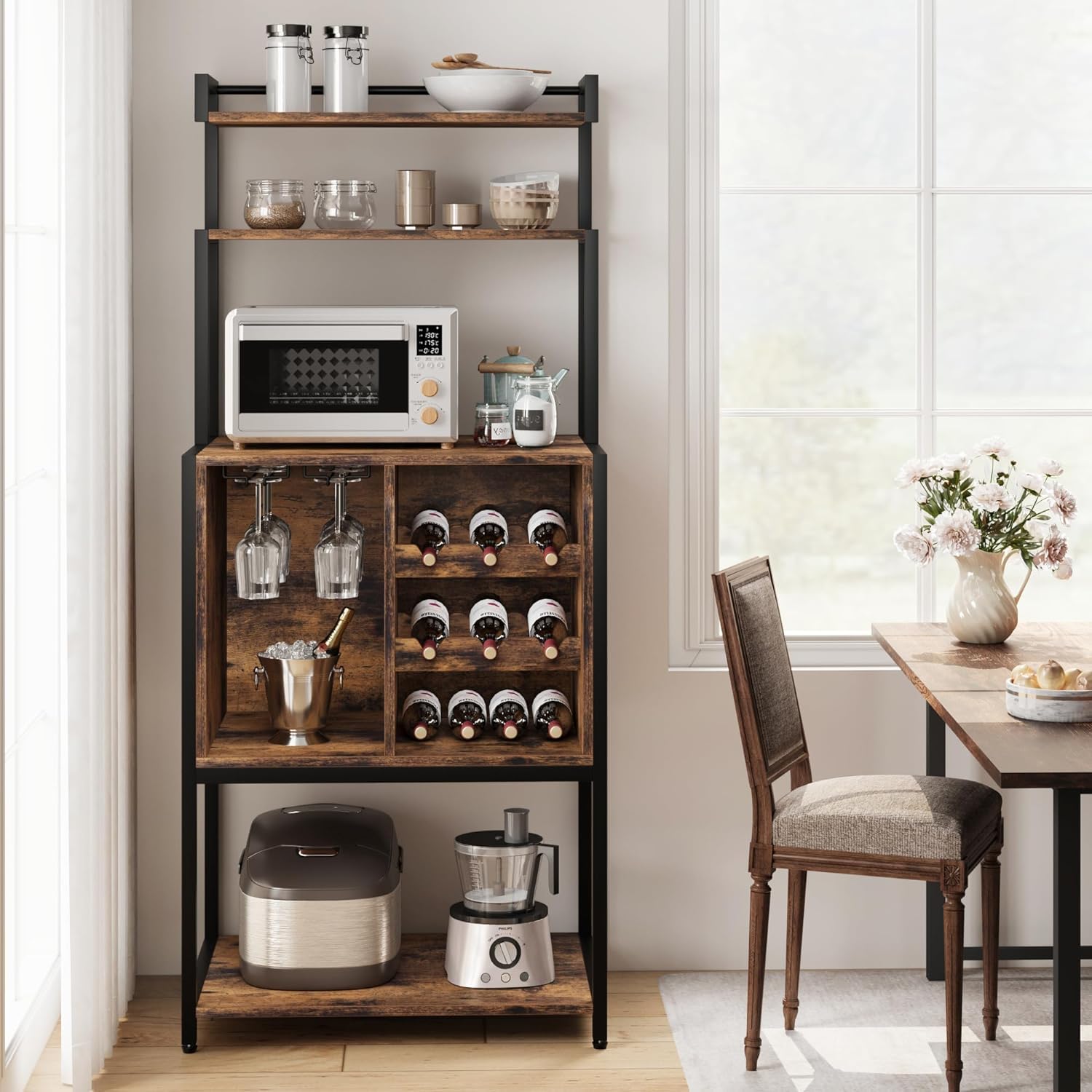 Bakers Rack with Power Outlets, 5-Tier Microwave Oven Stand with Drawer and Sliding Shelves, Freestanding Coffee Bar, Kitchen Storage Shelf with 2 Drawer,Brown