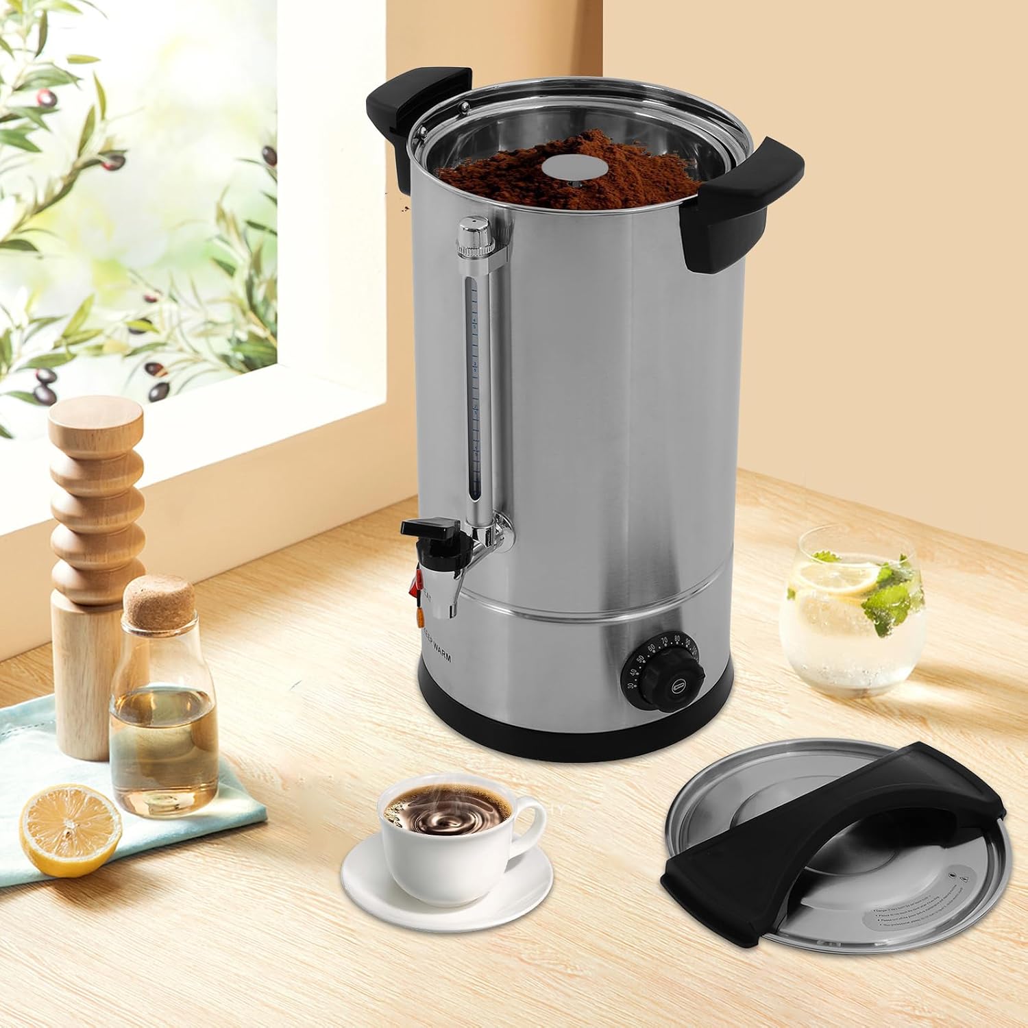 125-Cup Commercial Coffee Urn, 25L / 6.6Gal 304 Stainless Steel Electric Coffee Maker with Temperature Control (86-230°F), 950W Fast Brew Hot Water Dispenser for Catering, Parties & Office Use, Silver