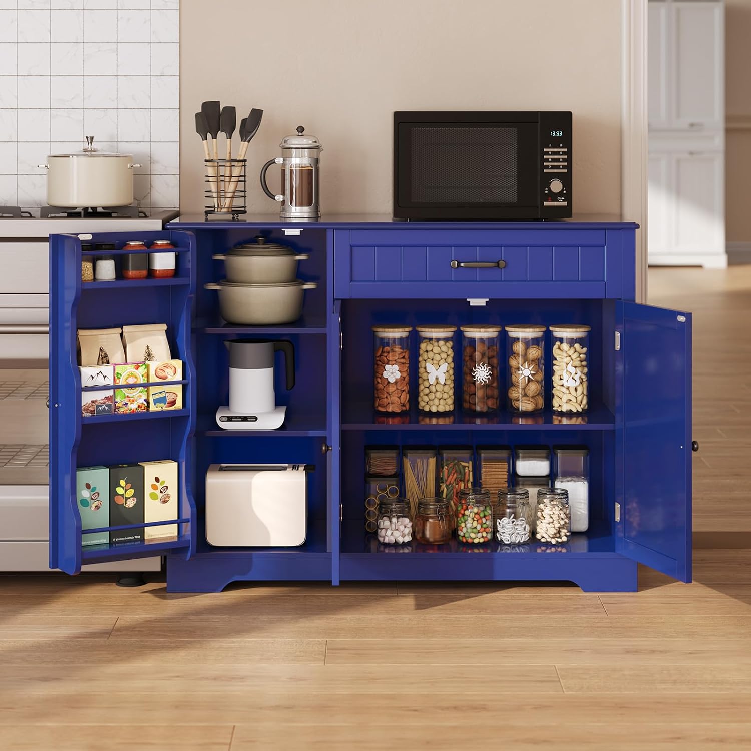 Gizoon Kitchen Sideboard Buffet Cabinet with Storage Small Coffee Bar Cabinet with Drawer, Kitchen Pantry Storage Cabinet with Door and Shelves for Bathroom and Living Room, Painted Navy Blue