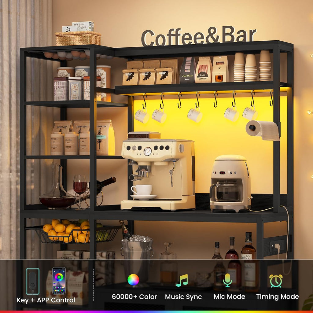 47.2 in Bakers Rack with Power Outlet & LED Light, Coffee Bar with Coffee Pod Holder for Vetuo, Kitchen Microwave Stand with Storage Shelves, Paper Holder, Cabinet, Wire Basket, 8 Hooks (Black)