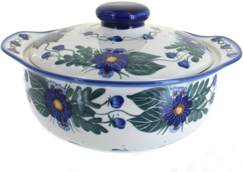 Blue Rose Polish Pottery Forget Me Not Round Covered Baker