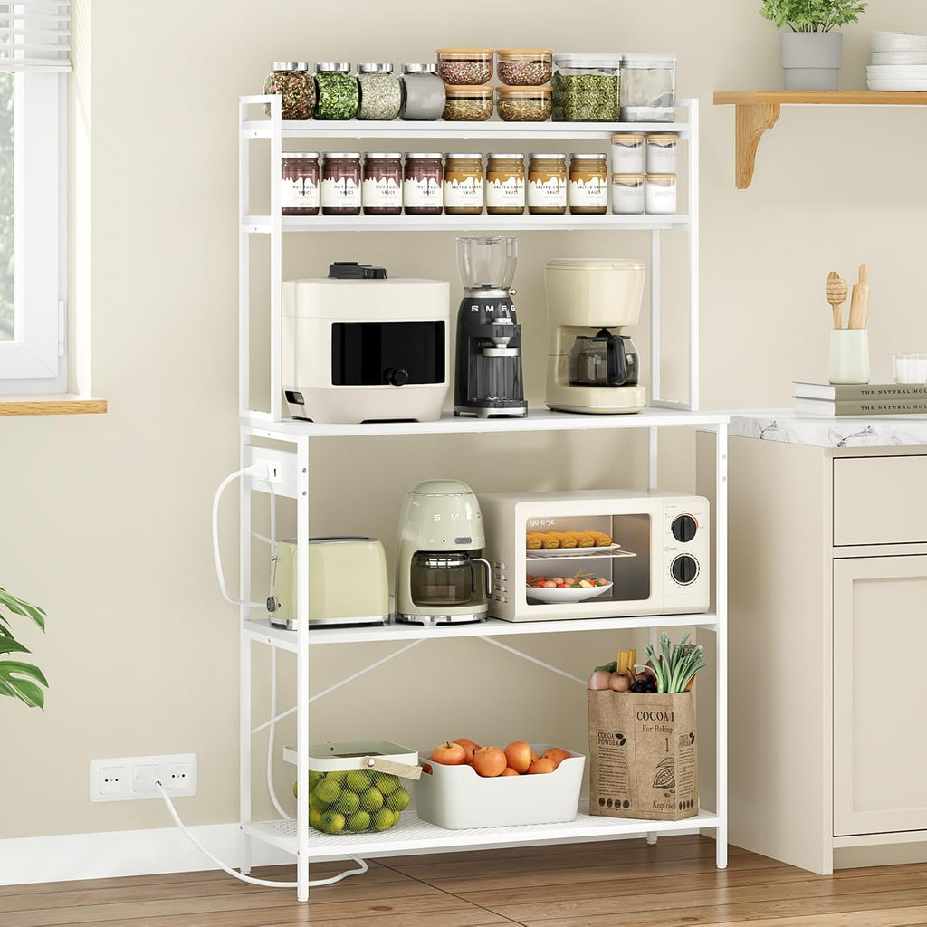 Space Creator Kitchen Shelf with Outlets - 5-Tier Microwave Stand Adds Counterspace & Storage, Electrical Hub for Small Kitchens & Apartments, 39' Wide (White)