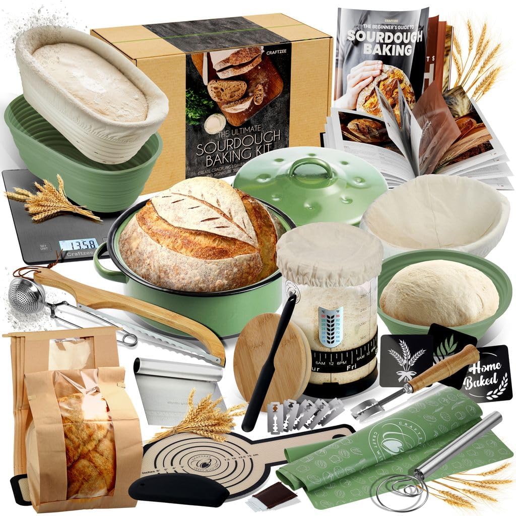 CraftZee All-Inclusive 𝗣𝗥𝗘𝗠𝗜𝗨𝗠 Sourdough Starter Kit with Pot, 34 Oz Starter Jar, 4 Banneton Bread Proofing Baskets, Scraper, Scale, Sourdough Bread Baking Supplies, Beginner Guide & Recipes