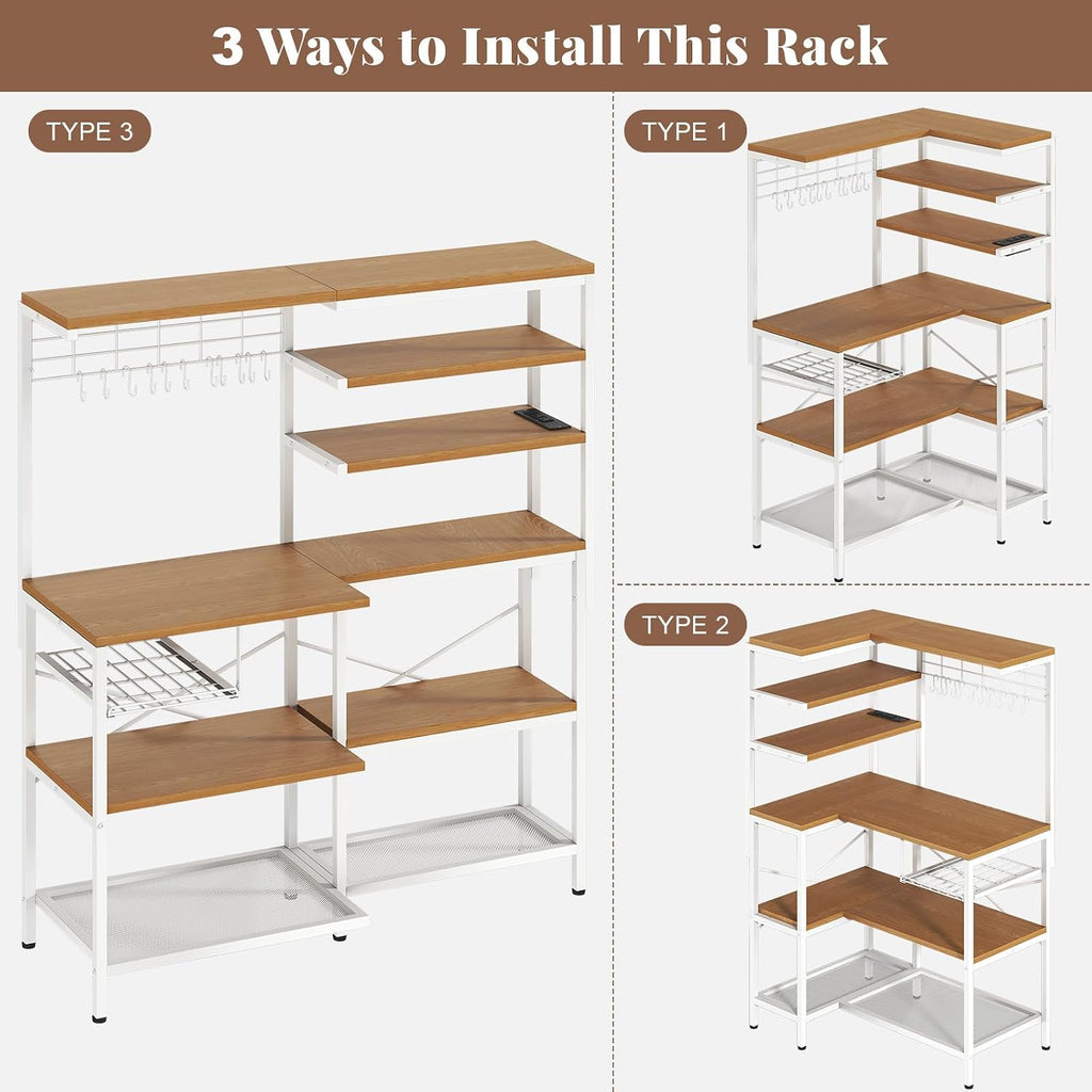 L-Shaped Bakers Rack with Power Outlet, 6-Tier Microwave Stand with Open Storage, Kitchen Shelf with Hooks, Coffee Bar with Wire Basket, White