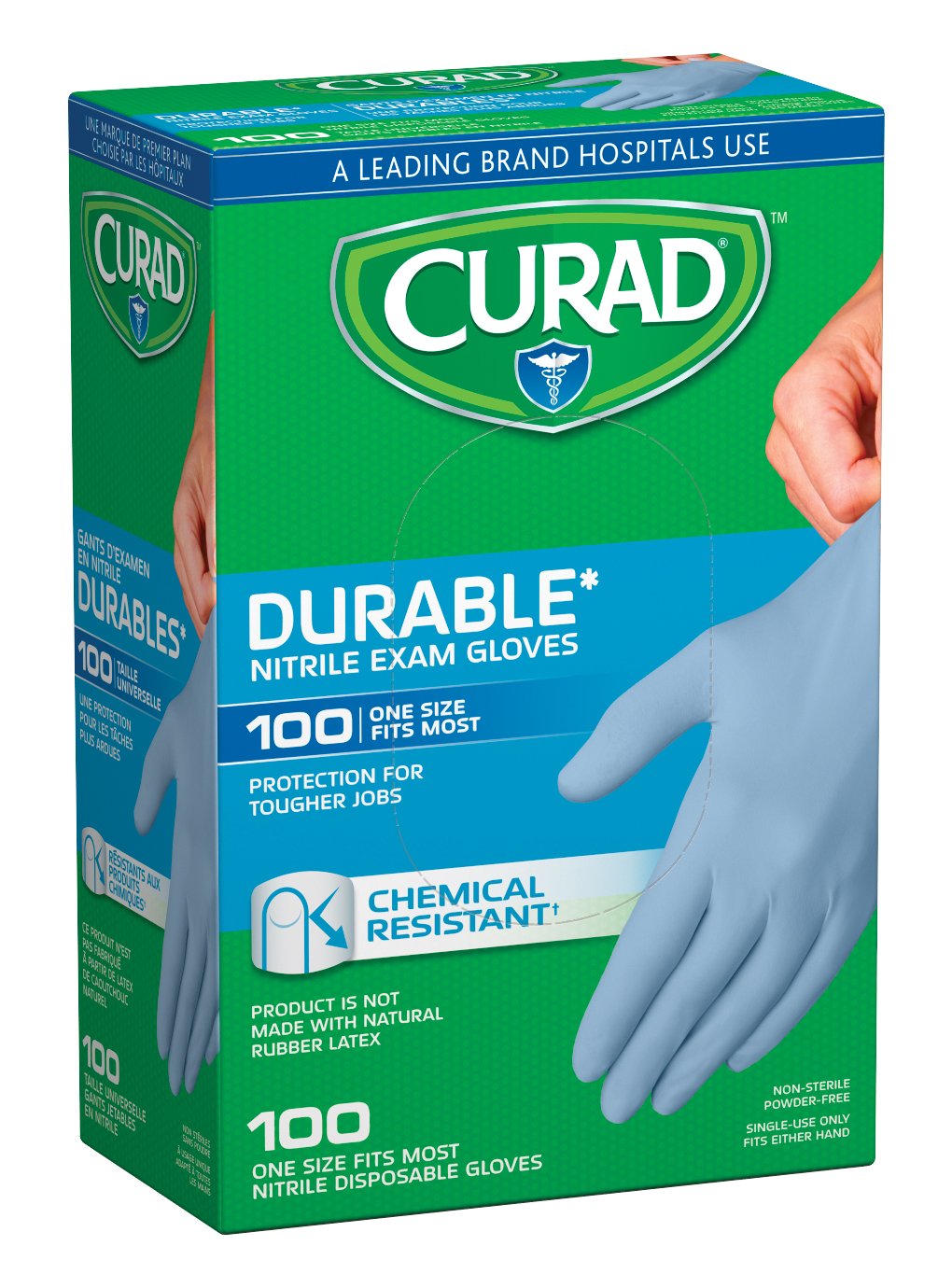 Curad Nitrile Exam Gloves, Durable, Powder Free, Chemical Resistant, One Size Fits Most, 100 Count (10 Pack)