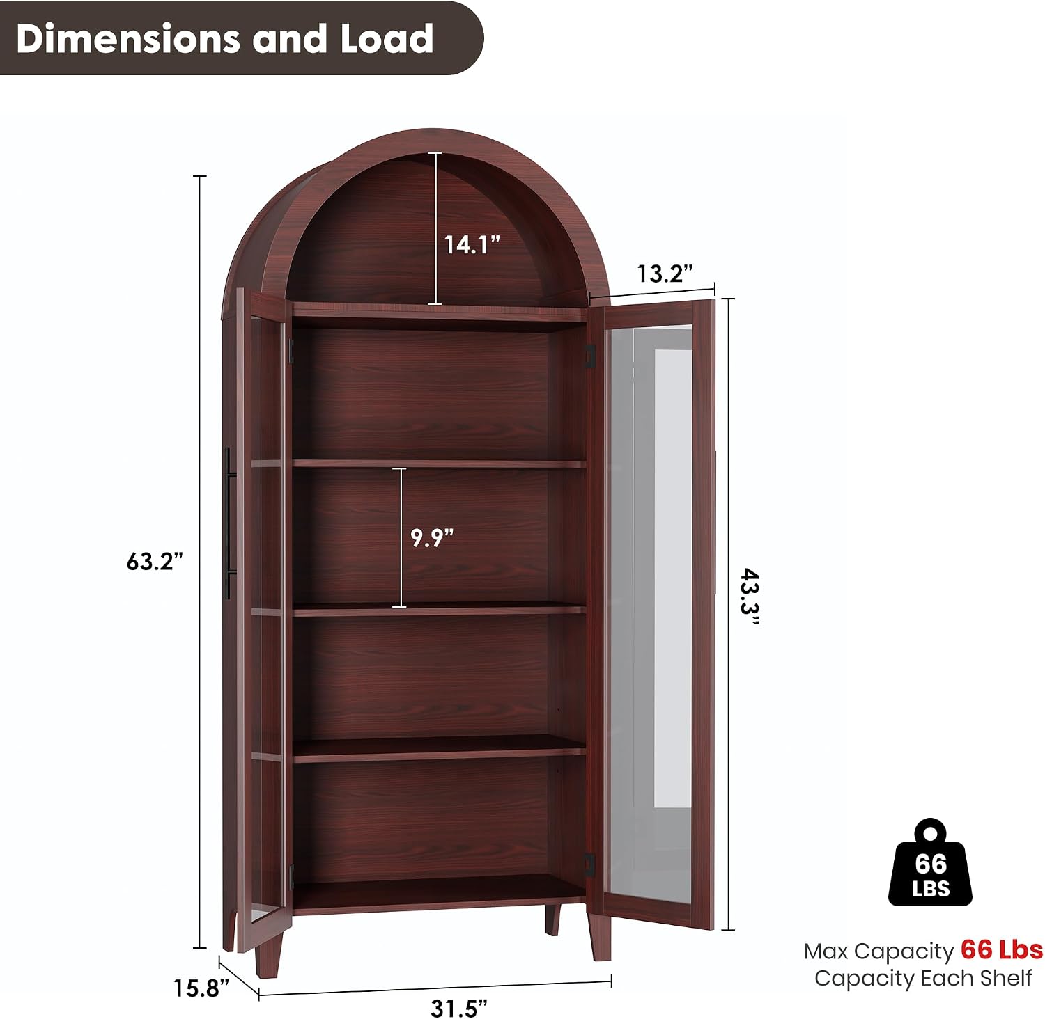 GarveeHome Arched Kitchen Pantry Cabinet - Farmhouse 5 Tier Display Shelf with Adjustable Shelf and 2 Large Glass Doors, Versatile Storage Cupboard for Kitchen, Dining Room, Living Room, Walnut