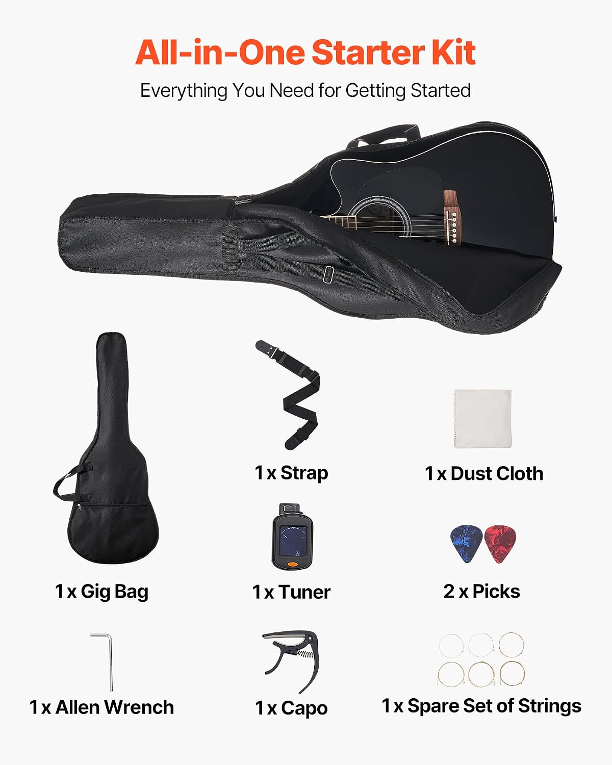 VEVOR Cutway Acoustic Guitar, 41 in, 6-String Black Solid Spruce Top Guitar, Beginner Bundle with Gig Bag, Tuner, Strap, Strings, Picks, Capo, Rosewood Fingerboard, for Adult Fingerstyle Solo Jazz