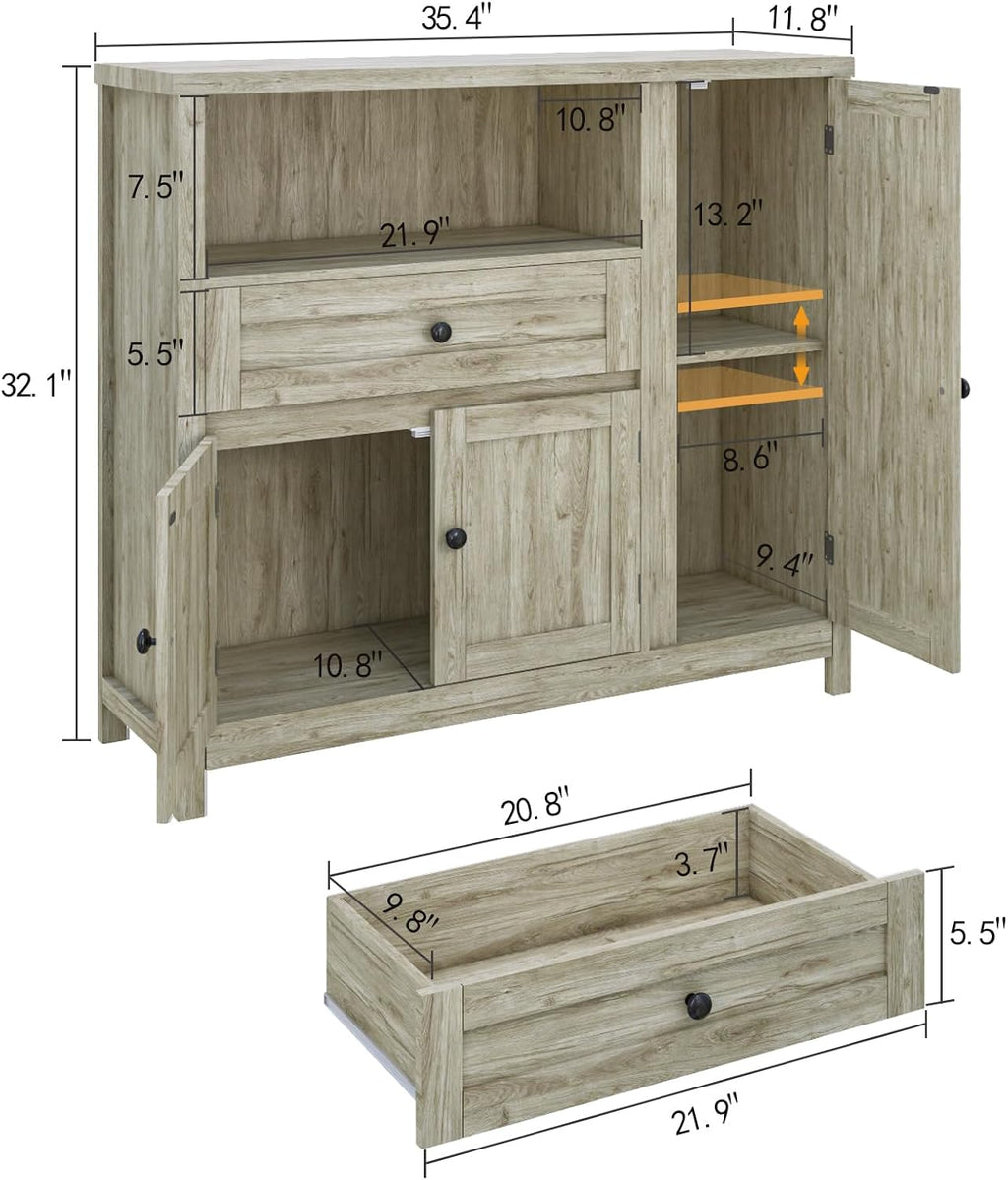 Viaozutis Coffee Bar Cabinet with Doors and Drawer, 35.4' Kitchen Storage Cabinet with Adjustable Shelf, Freestanding Buffet Sideboard for Dining Room, Bathroom, Entryway（Grey）