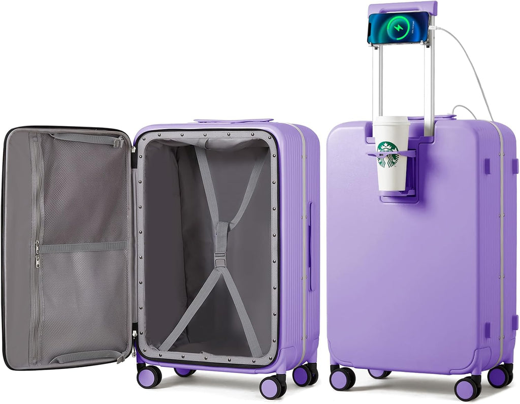 mixi Large Checked Luggage with Cup Phone Holder and Charger Hard Shell Suitcases with Spinner Wheels, 26 Inch Lilac Purple