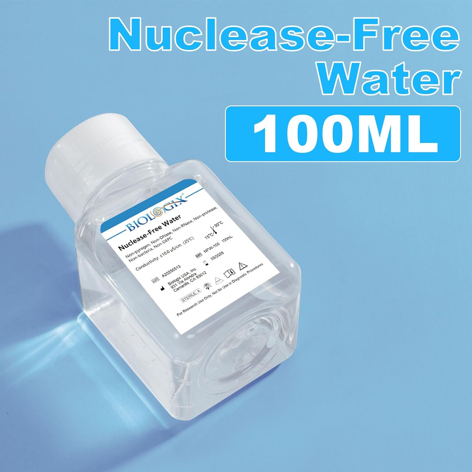 Ultra Pure Water, Nuclease Free Water Molecular Biology Grade, Sterilization, DNase, RNase, Protease, Endotoxins (Pyrogen) Free, PCR/RT-PCR Certified, 100ml/Bottle, 100 Bottles/Case