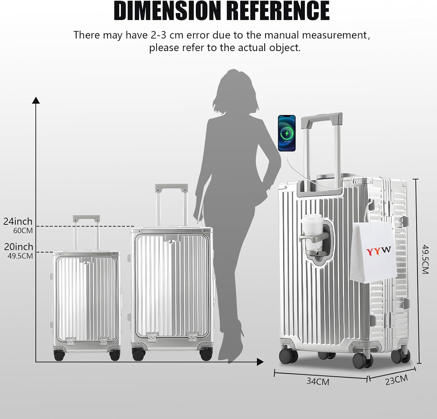 YYW All Aluminium Luggage With Spinner Wheels Lightweight PC hardside Rolling Suitcase, Built-In TSA lock Carry on Suitcase, with Cup Holder, USB Port, Phone Holder (Silver,24inch/39x25x65cm)